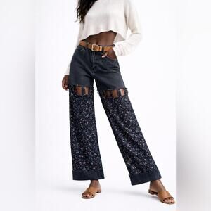 Upcycled Denim & Organic Cotton Floral Pants, Wide Leg Boho Patchwork Trousers S